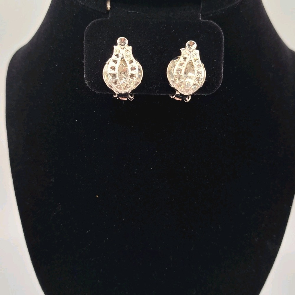 Vtg Signed EISENBERG Clip On Rhinestone Earrings Block Mark *Missing 2 Stones